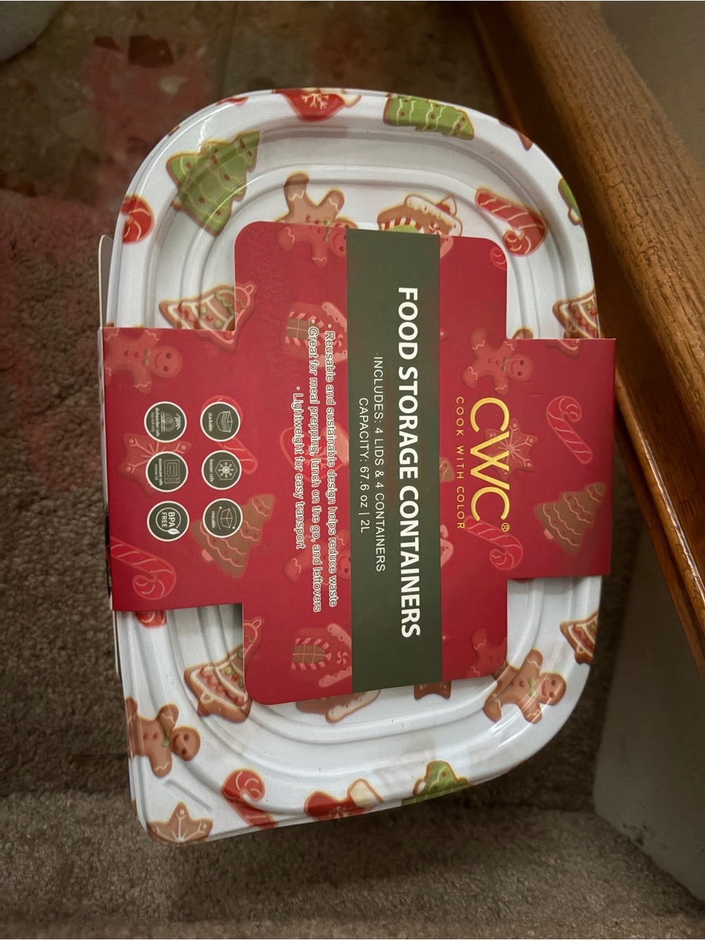 CWC Food Storage Containers - Festive Gingerbread Holiday Design (White/Red) - Picture 1 of 4